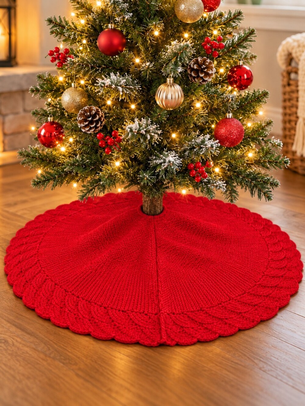 Red Knit Christmas Tree Skirt 24” Cable Scalloped Holiday Decor
